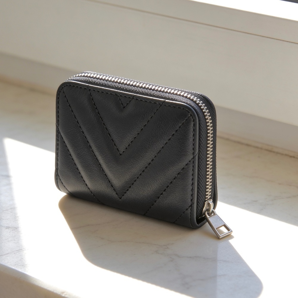 Black Quilted Faux Leather Zip Wallet